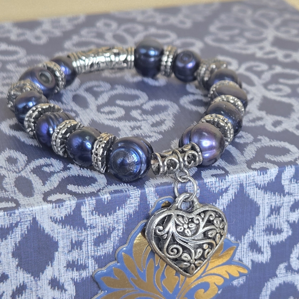 Cultured Pearl Silver and Blue Beaded Stretch Bracelet with Heart Charm